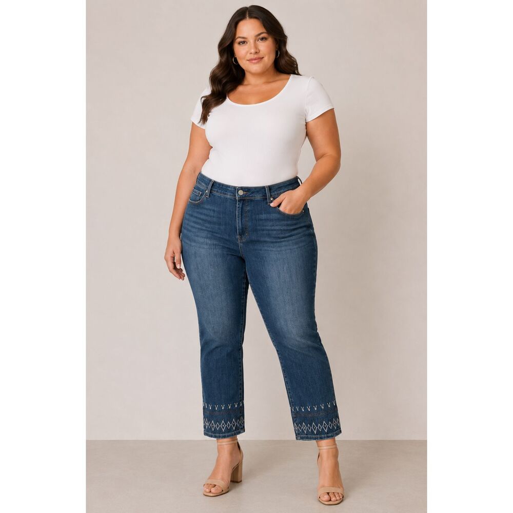Seven7 Embroidered Hem Limited Edition Straight Leg Jeans Blue 22